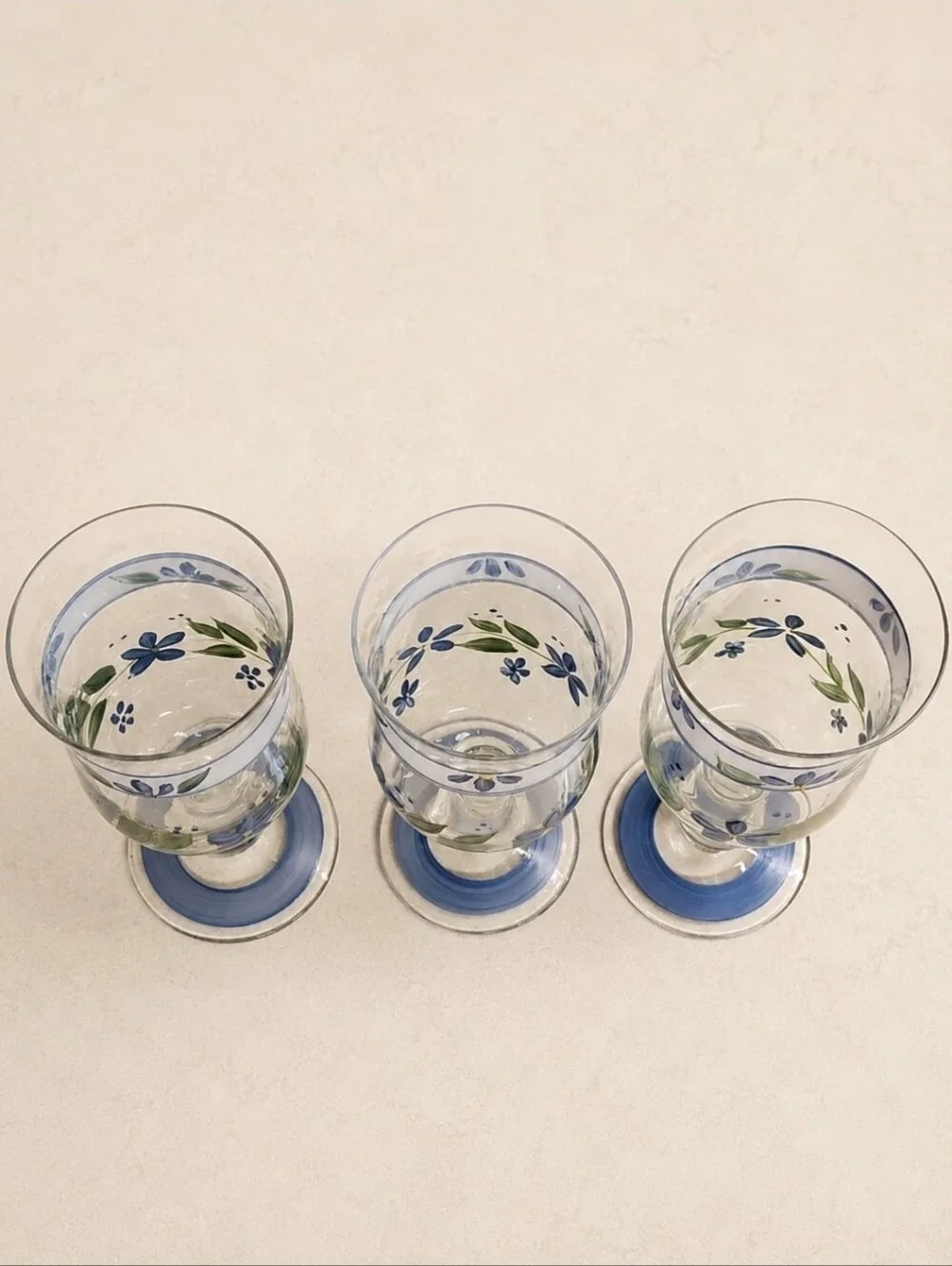 Vintage Hand Painted Blue Floral Glass Goblets Set of 3 Summer Breeze Style